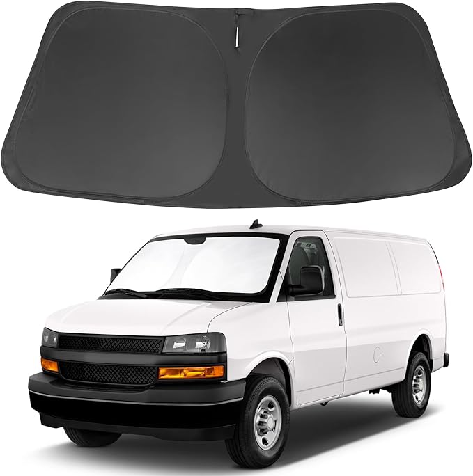 Windshield Sun Shade Compatible with 1996-2024 2025 Chevrolet Express Cargo Van 1500, 3500, 4500, LS, LT Winter Accessories Foldable Sun Visor Protector Keeps Cool