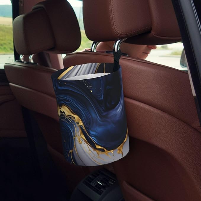 Marble Car Trash Can,Car Accessories Waterproof Car Organizer Foldable Portable Trash Bin Can Be Hung on The Back Seat Garbage Can for Various Cars