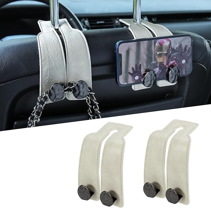 URIZZD 2PCS Leather Car Seat Hooks for Headrest, Vehicle Hanger Storage Organizer Universal for Handbag Purse, Car Accessories Gift (White-Black)