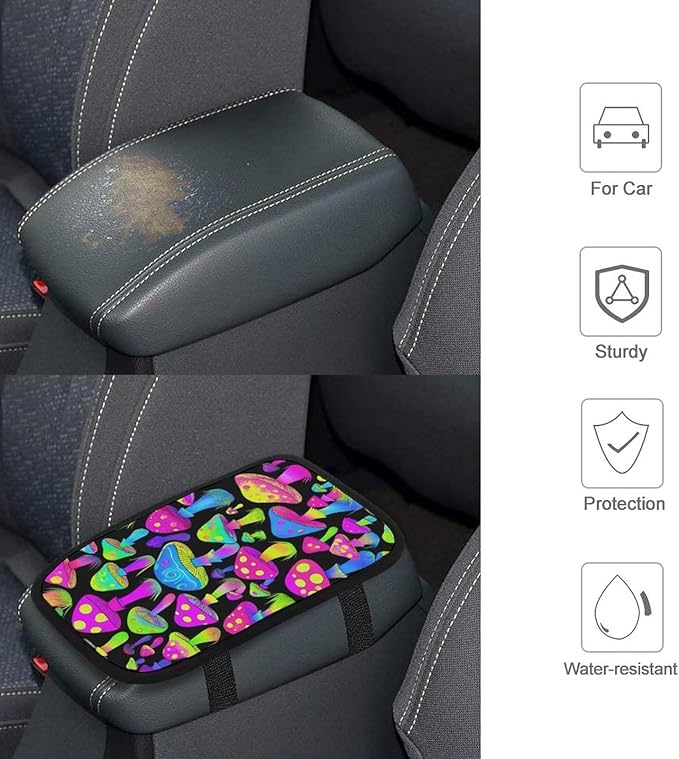 Car Center Console Cover, Neon Mushrooms Pattern Purple Auto Armrest Cushion Pad, Auto Arm Rest Seat Box Cover Universal Fit Vehicles Trucks Decor