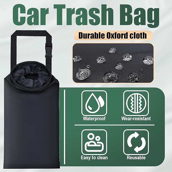 ecocstm 2 PCS Car Trash Bags, Washable Car Garbage Bag Hanging, Detachable Trash Can with Top Elastic Vent & Sticky Strap Bottom Opening, Seat Back Tash Bag for Cars,Travelling,Outdoor