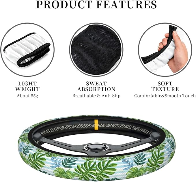 Tropical Leaves Stripes Steering Wheel Cover for Women Men Girls, Car Accessories Decor Thickened Anti-Slip Auto Steering Wheel Covers Protector Universal Fit 15 Inch for Cars, Truck, SUV