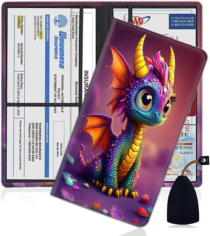Car Document Holder with Magnetic Shut, Car Registration and Insurance Card Holder, Vehicle Glove Box Organizer Documents, Driver License, Auto Paperwork Organizer Wallet, Colorful Baby Dragon Pattern