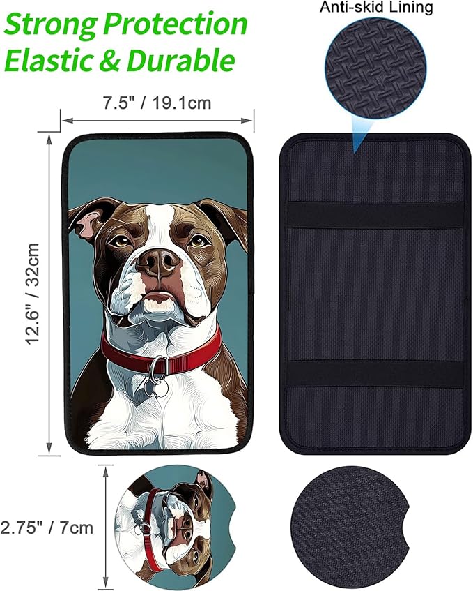 JANENFNA Car Armrest Cover Pads Universal Fashion Cute Auto Center Console Armrest Cover Pad with 2PCS Car Coasters Soft Waterproof Car Armrest Seat Protector for Women,Cute Bulldog