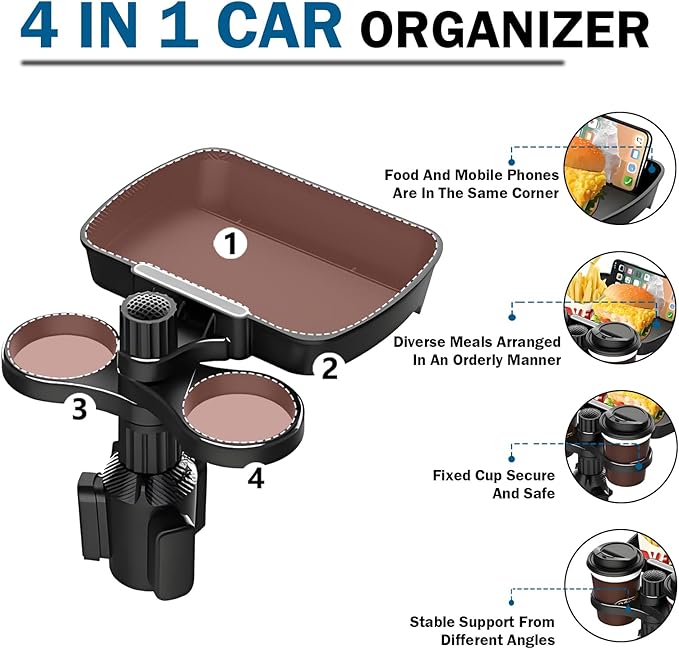 Car Cup Holder Expander, 4in1 Universal Cup Holder Tray Compatible with 2.3" to 3.6", Multi Cup Holders Table with Large Food Tray Swivel and Detachable for Travel Auto Trucker Road Trip Essentials