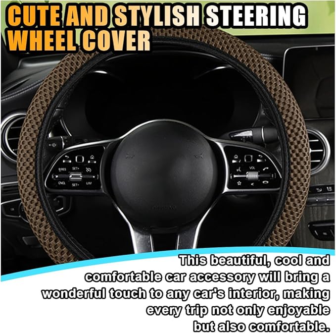 Stretch Elastic Steering Wheel Cover, All-Season Comfort, Warm in Winter & Cool in Summer, Universal 15 Inch Microfiber Breathable Ice Silk, Anti-Slip, Odorless, Easy Carry, Fit Car, SUV (Coffee)
