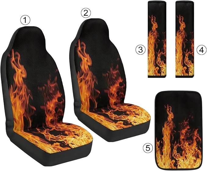 Psesaysky 5-Piece Leather Car Accessories Full Set, Cool Flames Front Seat Covers Set of 2, Armrest Cover, 2 Pieces Seat Belt Covers, Universal Fit, Easy Installation
