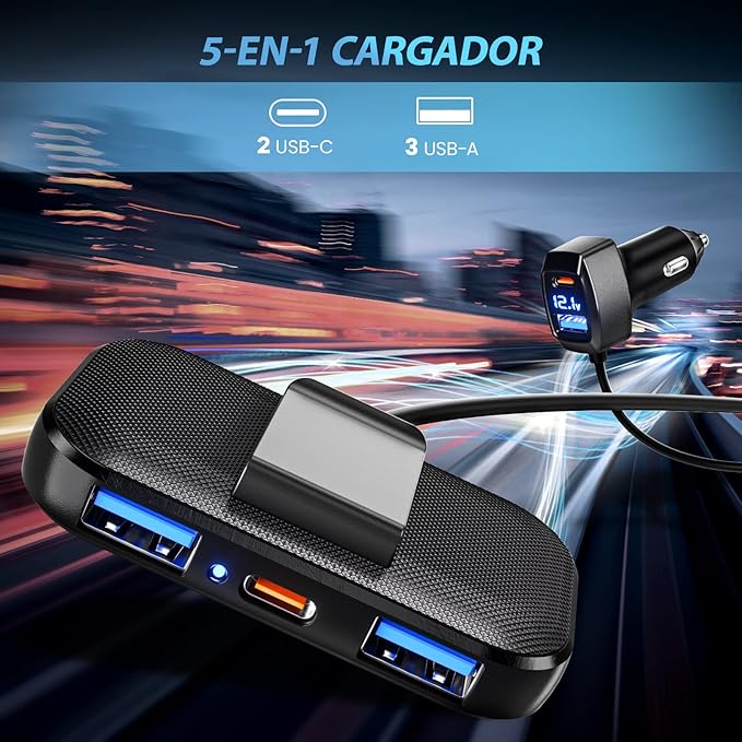 LENCENT 5 Multi Ports Type C Car Charger, 31W USB C Charger Adapter, Compatible for Samsung, iPhone, iPad, Voltage Detection, Multiple Cigarette Lighter Adapter with 5FT Cable for Back Seat Charging