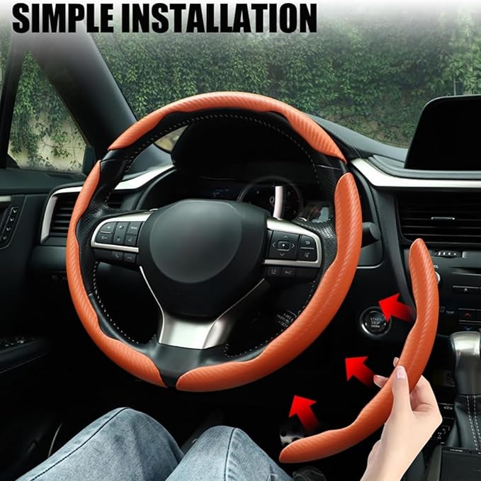 3pcs Carbon Fiber Car Steering Wheel Cover, Segmented Anti-Skid Steering Wheel Protector, Universal 99% Steering Wheel, Butterfly Steering Wheel Cover Women Men, Car Accessories Interior (Orange)