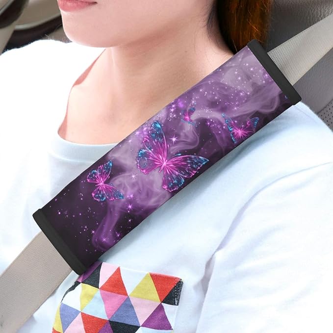 Purple Butterfly Steering Wheel Cover Elastic Non-Slip Car Steering Wheel Covers with Seat Belt Shoulder Pad For Women Men