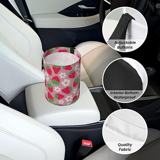 KXWQTRDD Car Garbage Bag Pink Strawberry and Floral Mini Car Trash Bin Portable Collapsible Waterproof Rubbish Bag for Car Accessories Back Front Seat Cup Holder
