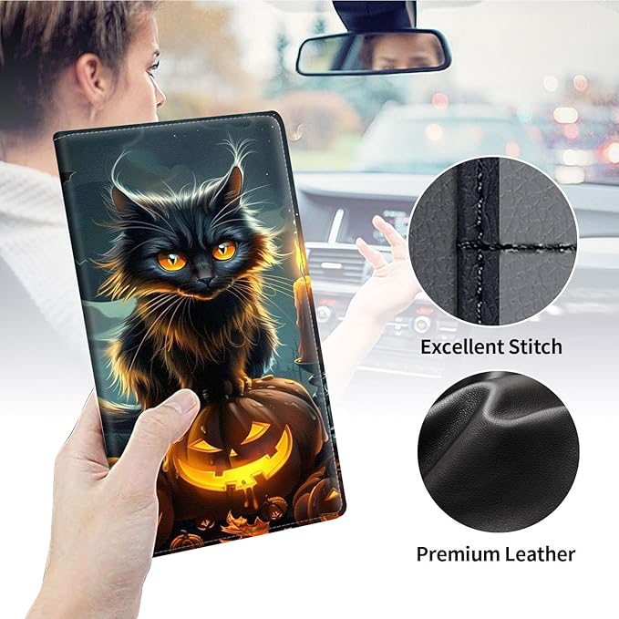 Qindaiwen Car Registration and Insurance Holder, Vehicle Card Document Elastic Band Closure Glove Box Organizer, Driver License Cards, Car Accessories for Essential Info, Black Cat