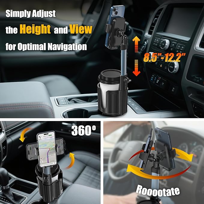 AKREDERY Car Phone Mount with Cup Holder Expander - Upgraded Anti-Shake 2-in-1 Cup Phone Holder for SUVS Trucks with Adjustable Aluminium Alloy Long Neck, fit for iPhone Samsung Galaxy (Black)