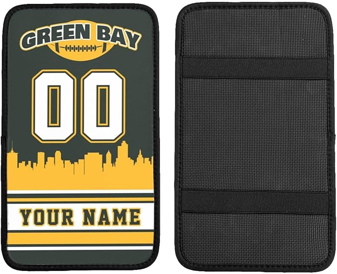 Custom Green Bay Car Armrest Covers Personalized Football Style with Name Number Customized Auto Center Console Pad Car Handrail Box Cushion for Most Vehicle Decor Accessories, Fans Gift