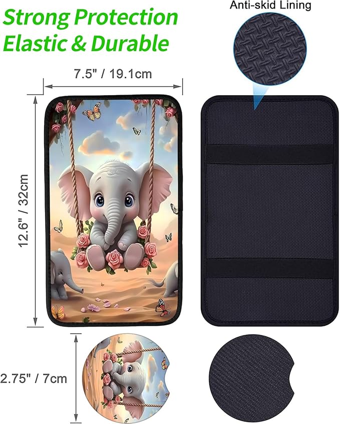 JANENFNA Car Armrest Cover Pads Universal Fashion Cute Auto Center Console Armrest Cover Pad with 2PCS Car Coasters Soft Waterproof Car Armrest Seat Protector for Women,Baby Elephant on Swing-A