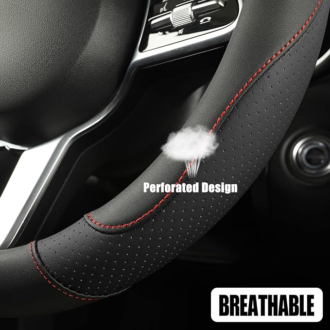 Binsheo Microfiber Leather D Shaped Steering Wheel Cover, Breathable, Anti Slip, 13.5 inch to 14 inch, Black