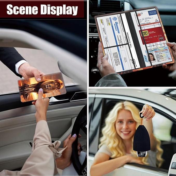 Yuxcfhjfe Car Registration and Insurance Holder, PU Leather Auto Document Holder for Men&Women, Vehicle Glove Box Compartment Organizer with Magnetic Shut for Driver's License, Llion Family Pattern