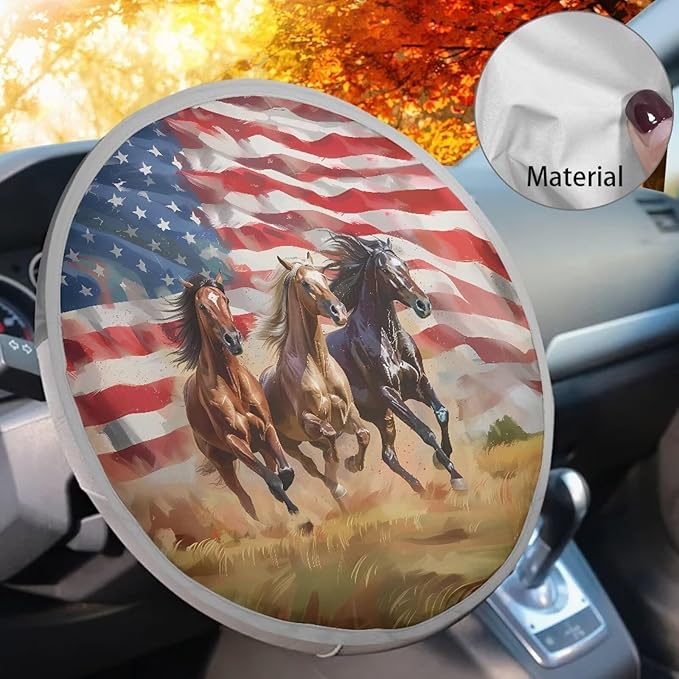 Vehicle Accessories for Women Steering Wheel Sun Shade Heat Resistant Steering Wheel Sun Cover Universal Fit Van Car SUV Truck, American Flag Running Horse Pattern