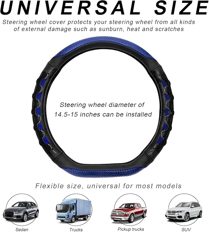 Car Steering Wheel Cover, 15 Inches Leather Comfy Grip Steering Wheel Protector with 3D Honeycomb, Anti-Slip D-Shaped Wheel Wrap Cover for Most Vehicles, Car Accessories (Blue)