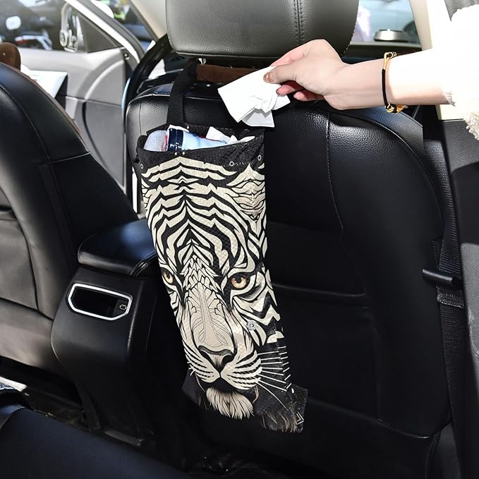 ALAZA Hanging Car Trash Bags Garbage Bag Trash Can for Back Seat Small Tiger 1 Washable Storage Bag Retractable 2 Pack