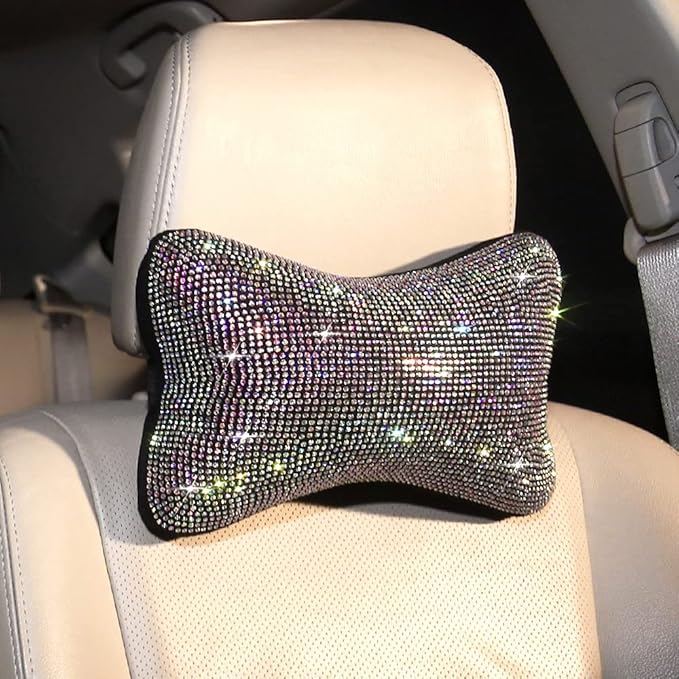 2 Pcs Colorful Bling Car Neck Pillow for Car Seat Driver, Auto Seat Headrest Cushion Driving Relax Neck Support Crystal Rhinestone Diamond Rainbow Bling Accessories for Woman