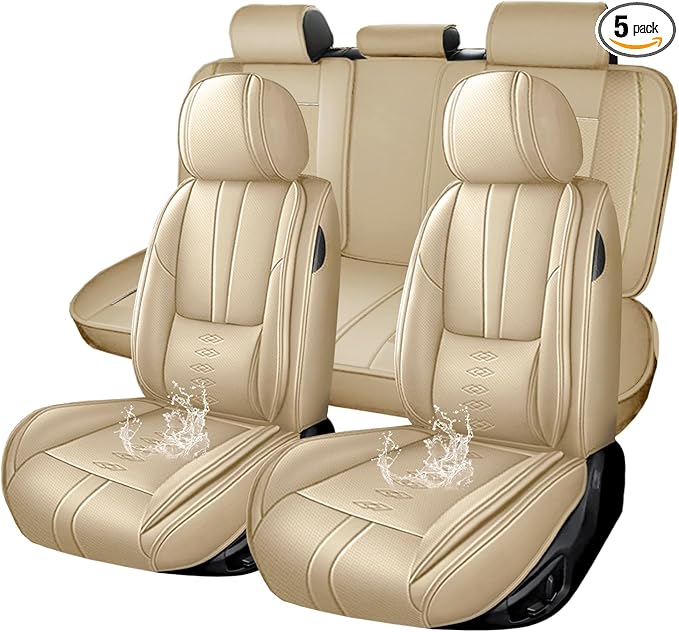 Premium Universal Car Seat Cover, Comfortable Leather Seat Cover for 96% of Models, Waterproof Car Seats Protectors Cushions for 5 Seats(Beige)