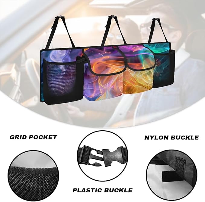 Back Seat Trunk Organizer Hanging Car Organizer Trunk Foldable Cargo Storage with Pockets& 3 Adjustable Straps 37.01x11.81 inch,Car Decoration,Colorful Smoke Abstract Art