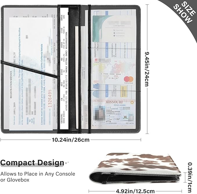 GuoChe Glove Box Organizer Car Registration and Insurance Holder Cow Print Texture Car Document Holder Auto Glove Compartment Essential