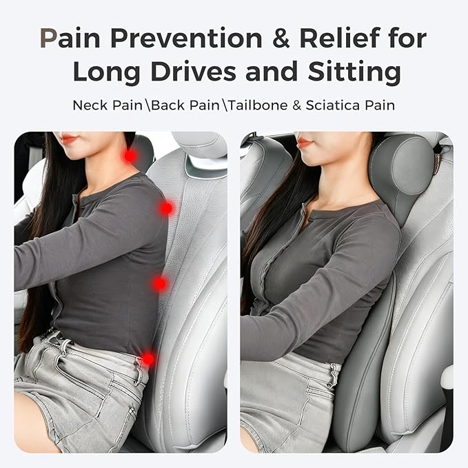 Coverado Car Headrest Pillow, Ergonomic Memory Foam Car Neck Pillow for Driving Seat with Adjustable Strap, Soft PU Leather Breathable Removable Cover Neck Support for Neck Pain Relief - Gray