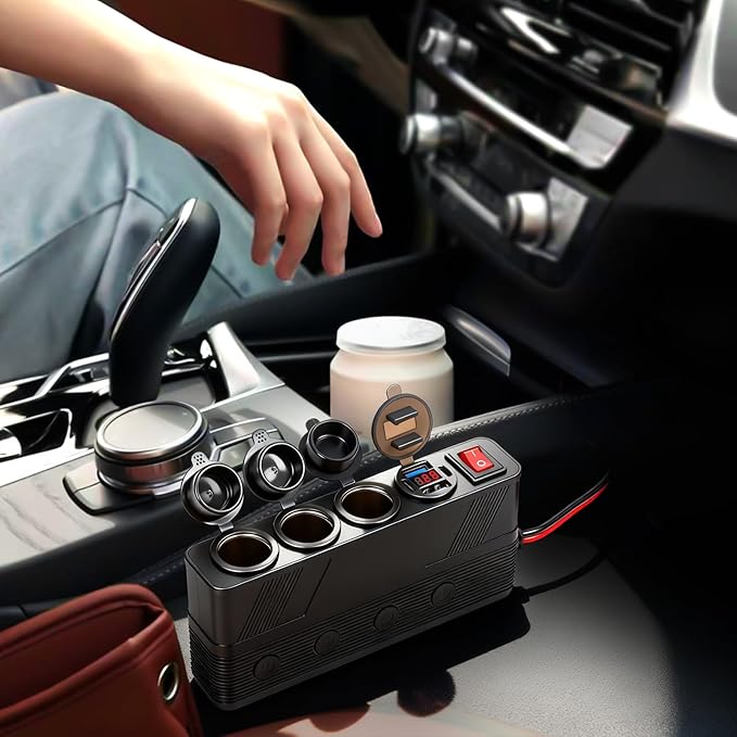 7 in 1 Cigarette Lighter Socket Splitter, 3 Socket Car Charger Adapter with 4 Ports PD66W/QC18W USB Outlet | Independent Switches | Digital Voltmeter, 12V/24V Power Outlet for All Car Devices