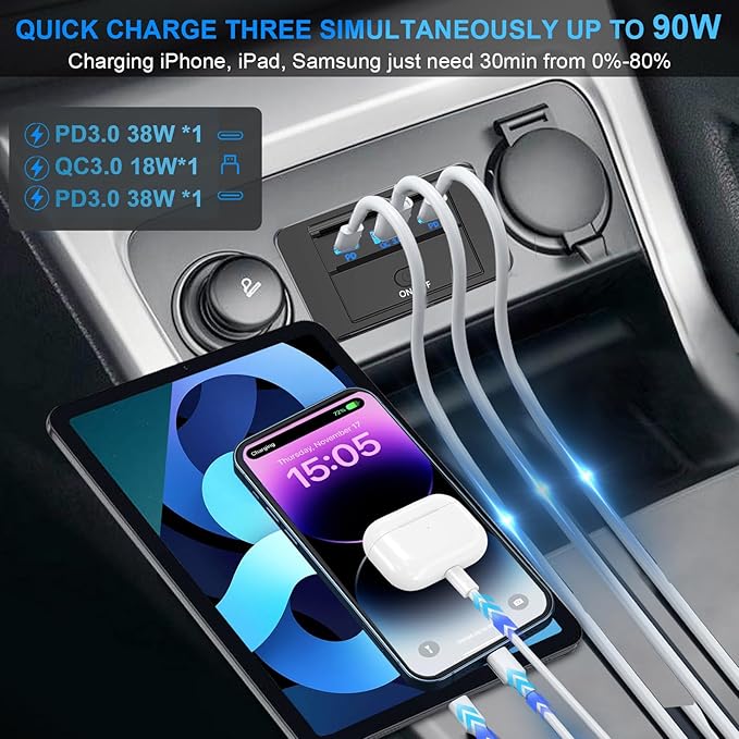 4PCS 3 Ports 12V RV USB Outlet 90W, Dual PD3.0 Type-C Quick Charge 72W & USB QC3.0 18W Panel Wall Mount, Automotive Car USB Socket Charger Adapter for RV Marine Boat Bus ATV Motorcycle Truck