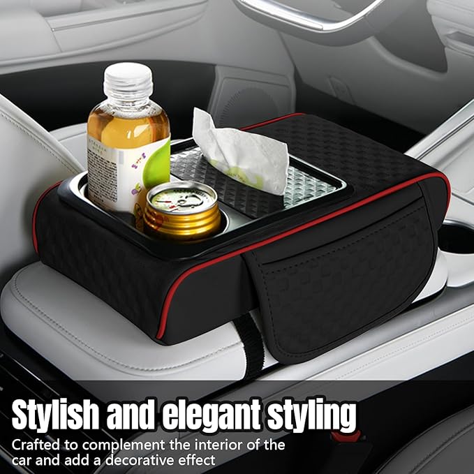 Hovom Car Center Console Armrest Pillow, 13.78"×7.48"×2.76" Leather Arm Rest Cover for Cars, Multifunctional Auto Armrest Cushion Pad with Pocket, Tissue Box & Cup Holder, Car Accessories (Black+Red)