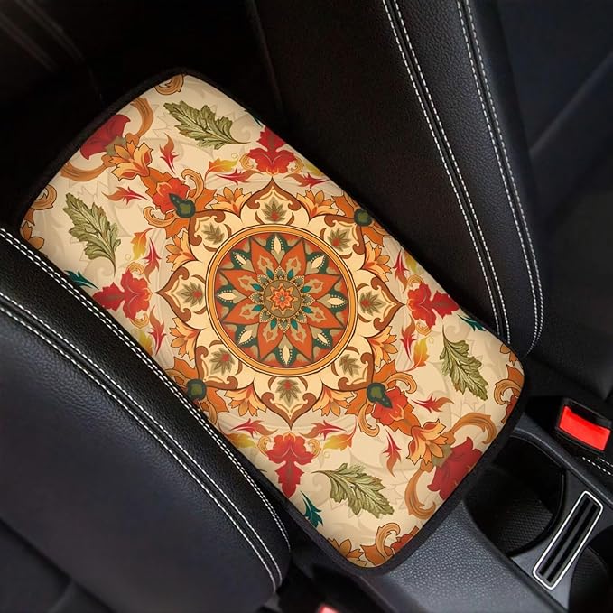 Universal Armrest Cushion Cover for Car Mandala Flower Print Car Center Console Armrest Cushion Pad Decorative Auto Interior Accessories, Easy to Install
