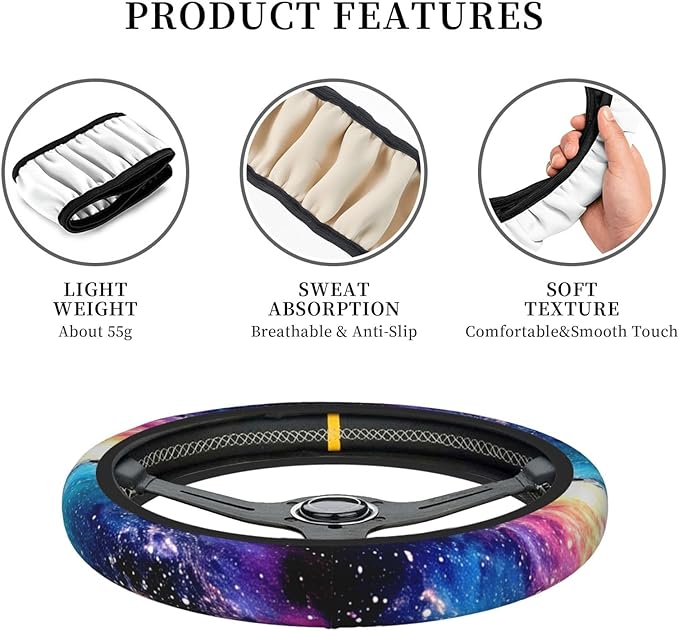 Galaxy Purple Blue Neoprene Steering Wheel Cover for Men Women Anti-Slip Elastic Steering Wheel Protective Cover 15in Universal Car Accessories Fit Cars, SUVs, Auto