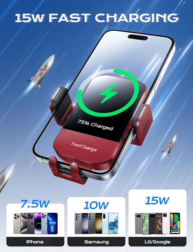 CHGeek 15W Fast Charging Auto Clamping Car Charger Phone Mount Phone Holder (Red)