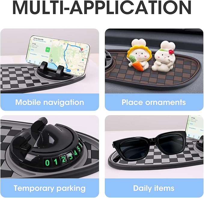 Multifunction Car Anti-Slip Mat Exclusive Phone Holder, Rotatable Car Phone Holder Dashboard Pad with Temporary Parking Number, Huge Capacity for Phones, Keys and Sunglasses (Black+Grey)
