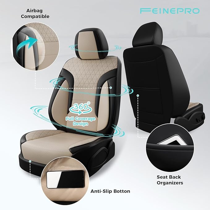 FEINEPRO Black and Beige Car Seat Covers Only Front 2pc - Breathable Faux Leather Universal Seat Covers for Cars, Automotive Protector Fit for Most Sedan SUV Pick-up Truck