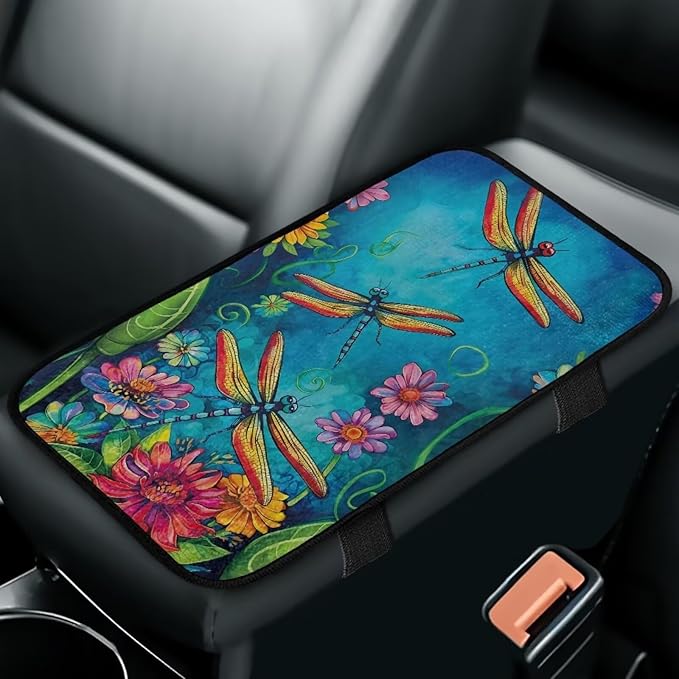 Bulopur Dragonfly Armrest Cover Car Easy to Install Car Center Console Cushion Pad Flannel Auto Armrest Console Car Accessories Comfortable Universal Fit Most Cars Women Men