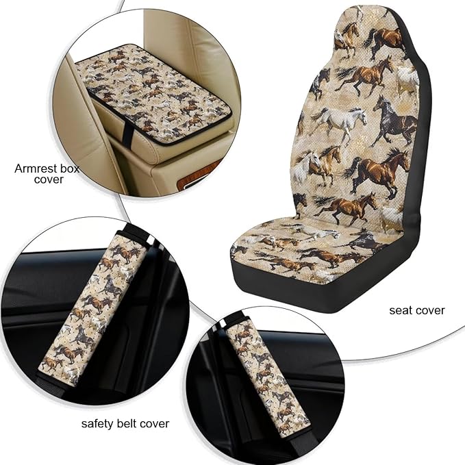 Qeluxign Horses Car Seat Cover Set with Armrest Cover Cushion PU Automotive Car Cover and Seat Belt Shoulder Straps Pad, Universal Fit for Truck Sedan SUV, Pack of 5