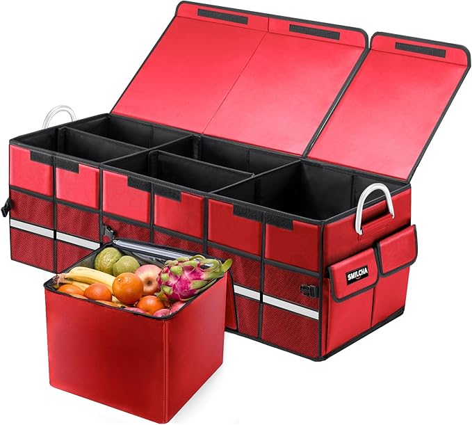 Heavy-Duty Extra Large 100L Premium Foldable Car Trunk Organizer with Lid + 26L Cooler Bag, Waterproof Robust Durable 1680D Oxford & Multi-Compartment Collapsible for SUV, Truck, Van, Sedan (Red)