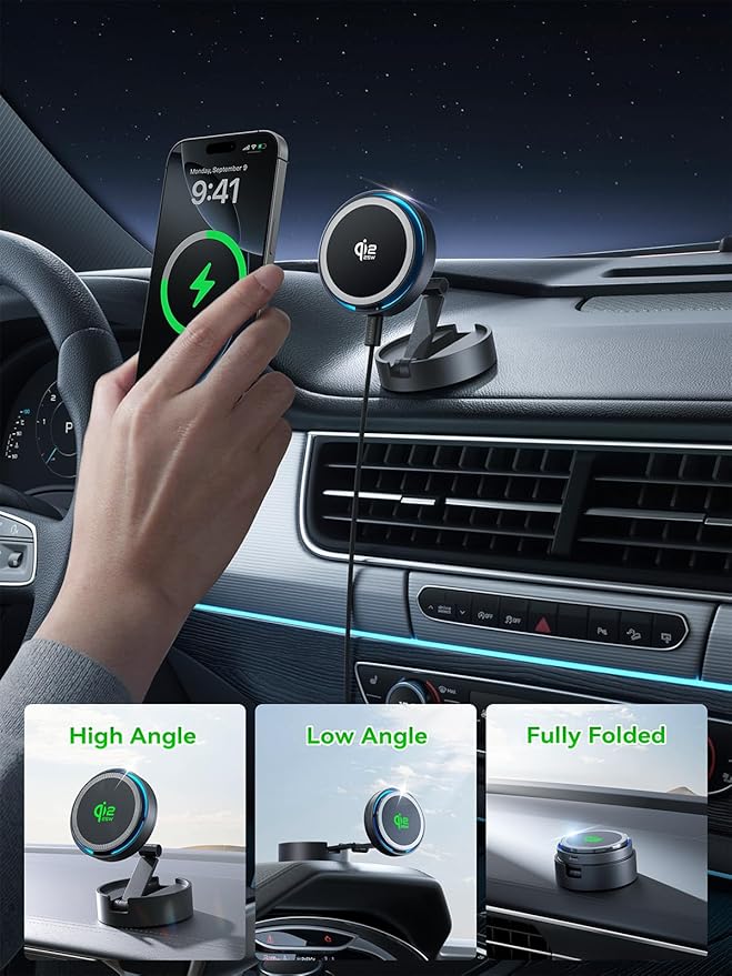 THREEKEY for【Qi2 25W Certified】 Magsafe Car Mount Charger with Cooling Fan,Wireless Car Charger with LED Light,360° Rotating&Retractable Phone Holder,Magnetic Mount for iPhone17-12&Galaxy S25 Ultra