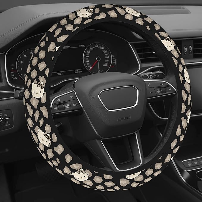 Cute Steering Wheel Cover for Women, Machine Washable Universal 14.5-15.5 inch Non-Slip Grip All Weather Use (Black Leopard Cats)