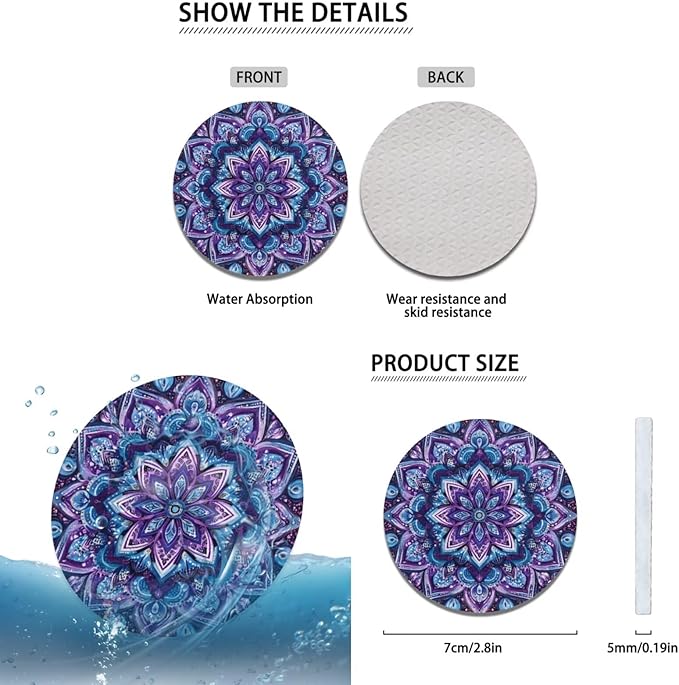6PCS Hippie Car Steering Wheel Cover Sets Boho Lotus Cup Holder Handbrake Gear Cover Auto Interior Accessories for Men Women