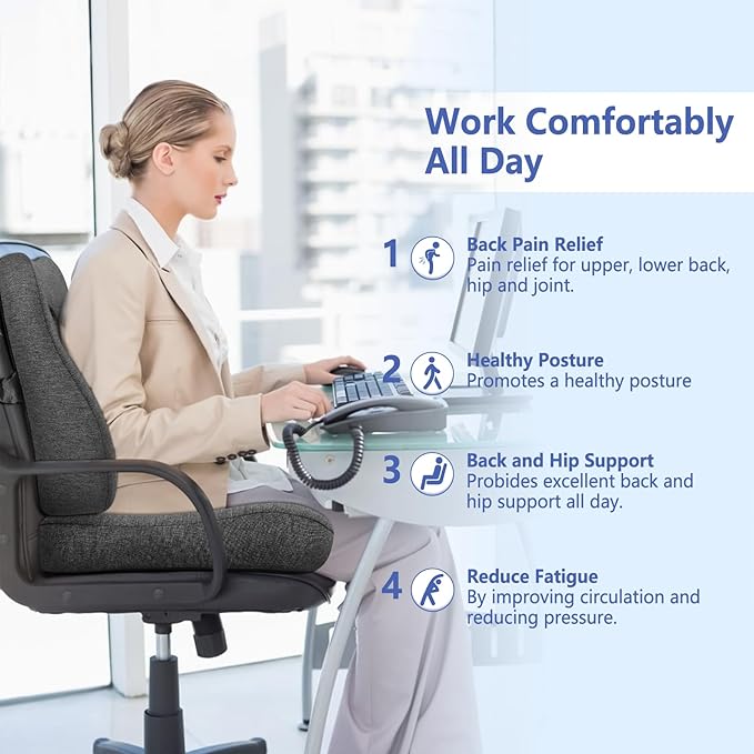 JIPORIER Seat Cushion & Lumbar Support Pillow Set for Office Chair, Ergonomic Pillow for Sciatica Pain Relief, Memory Foam Back Support Pillow & Chair Cushion for Car seat, Desk Chair (Grey)