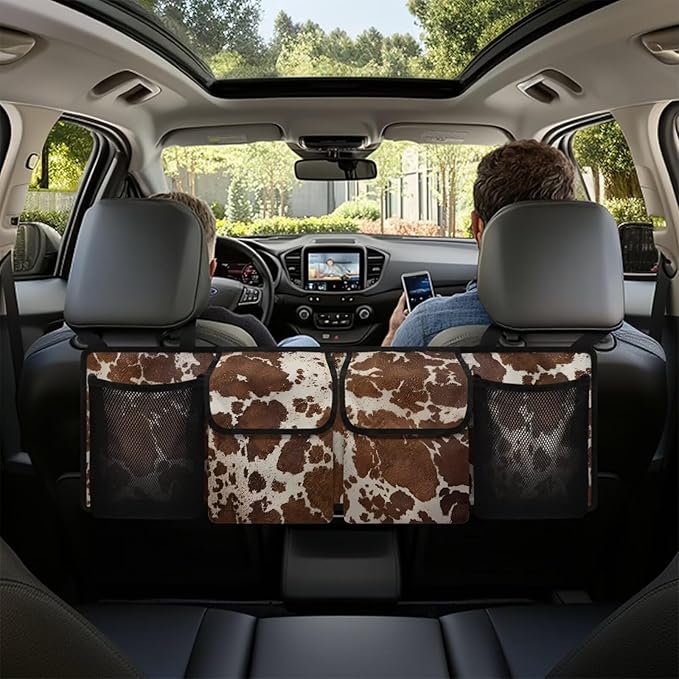 Brown Cow Print Car Trunk Organizer, Oxford Backseat Storage Bag with 4 Pockets, Waterproof Adjustable Large Capacity Hanging Collapsible Bag for Most Vehicles, Universal Car Accessories