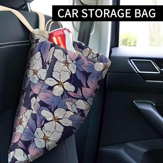 Car Trash Can, Cute Car Trash Bag, Hanging Car Organizer and Storage Bag, Trash Bin for Car Accessories, Vehicle, Travelling, Camping Cute Pulple White Flower