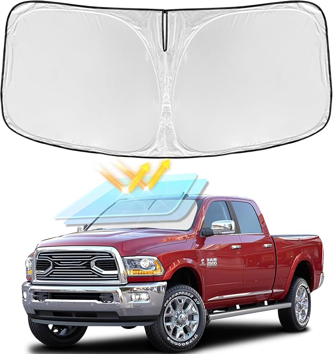 for Dodge RAM 2500 3500 2010-2025 2026 Windshield Sun Shade - 4 Layers Car Sunshades for Front Windows Shade Cover Custom Fit RAM 2500 3500 240T Retractable Shade Blocks UV Rays Car Accessories