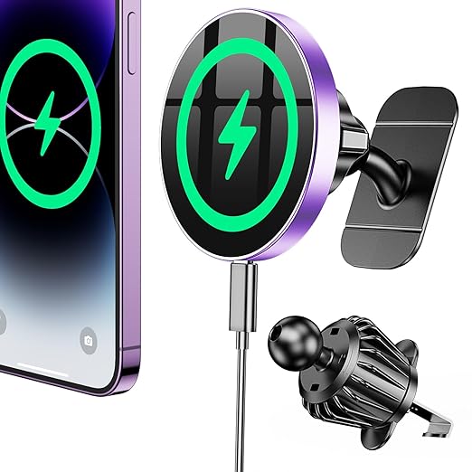 Coolpow for Magsafe Car Mount Charger【100% Stable】 15W Magsafe Car Charger Magnetic Phone Holders for Your Car Accessories for Women Men car Phone Holder Wireless Car Charger for iPhone (Purple)