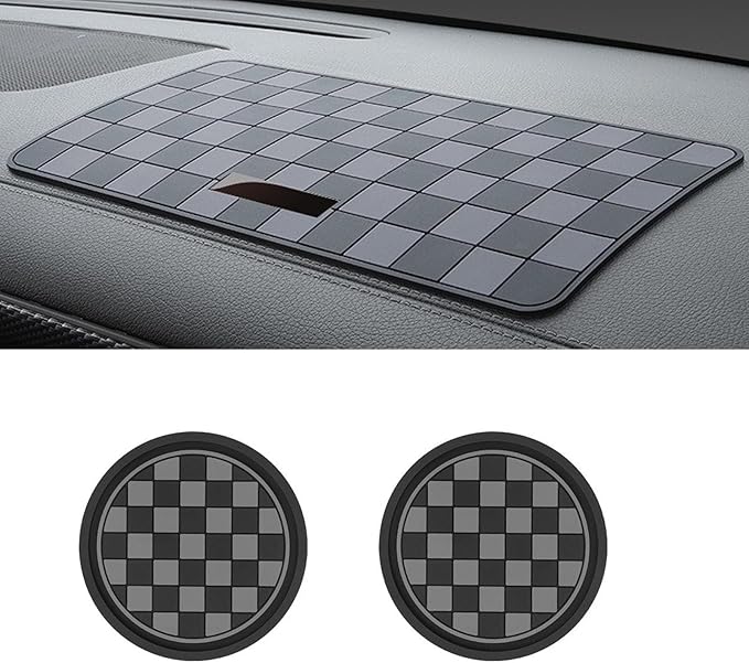 Car Interior Accessories Set – 2PCS Silicone Cup Holder Coasters & 1PCS Anti-Slip Dashboard Pad, Universal Non-Slip Rubber Mat for Phone Keys Sunglasses, Fit for Car SUV Truck