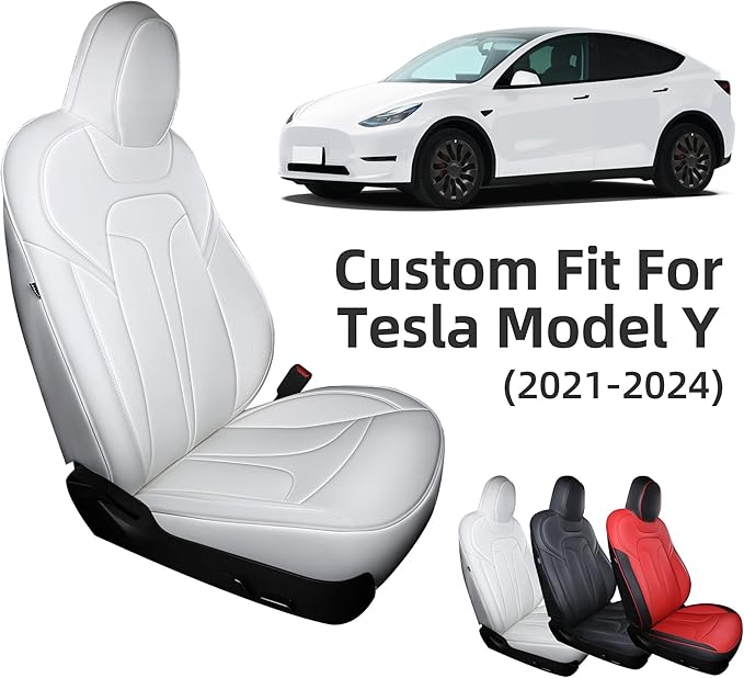 OURPLOT Custom Fit Seat Covers for 2020-2024 Tesla Model Y (5-Seater), Waterproof Nappa Leather, OEM Factory Style Full Set Car Seat Protectors Airbag Compatible - White